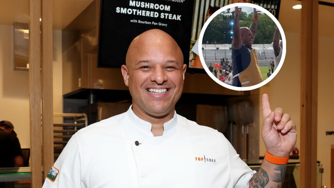 Chef smiling in a restaurant with a small inset image of a person playing volleyball outdoors.